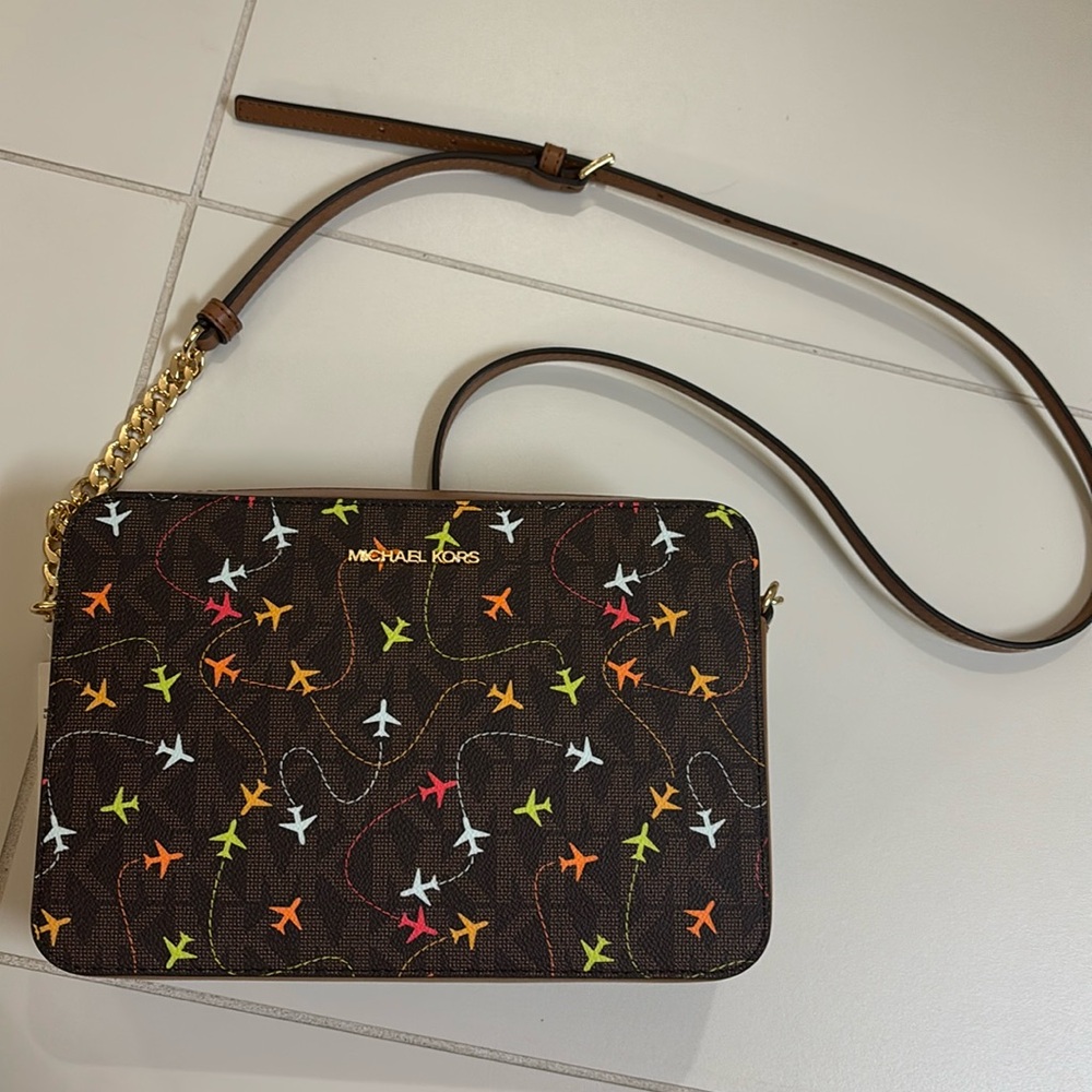 Michael Kors EXTREMELY RARE Brown W/ Colorful Airplanes Crossbody